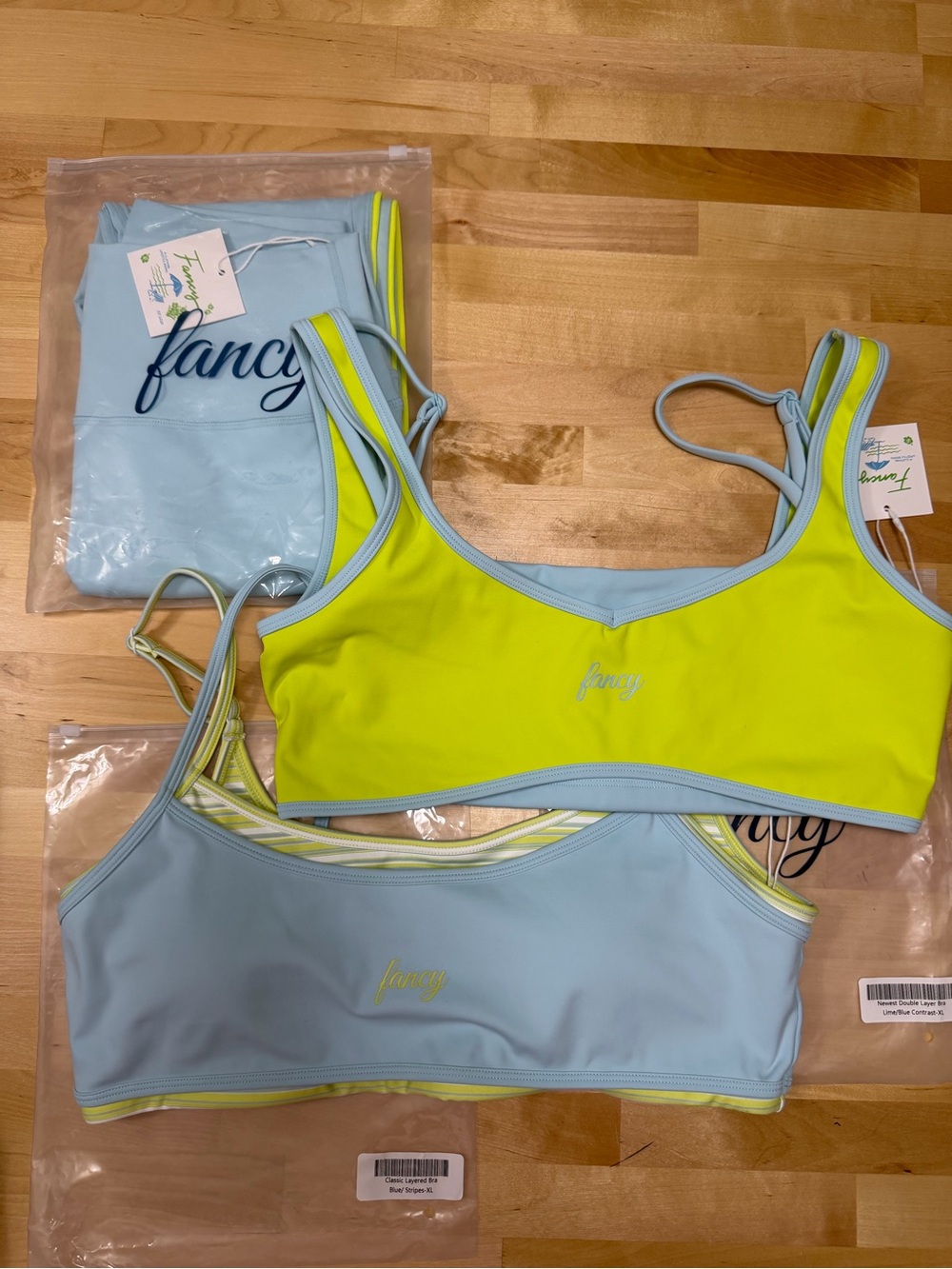 3 piece lime + blue fancy sports bra and leggings set size XL